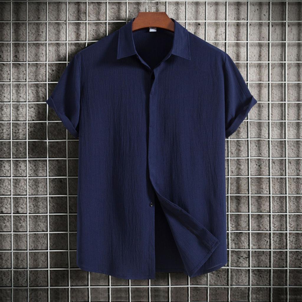 Summer Cotton Linen Shirt for Men's Lapel Loose Solid Color Hide Button Up Short Sleeve Shirts