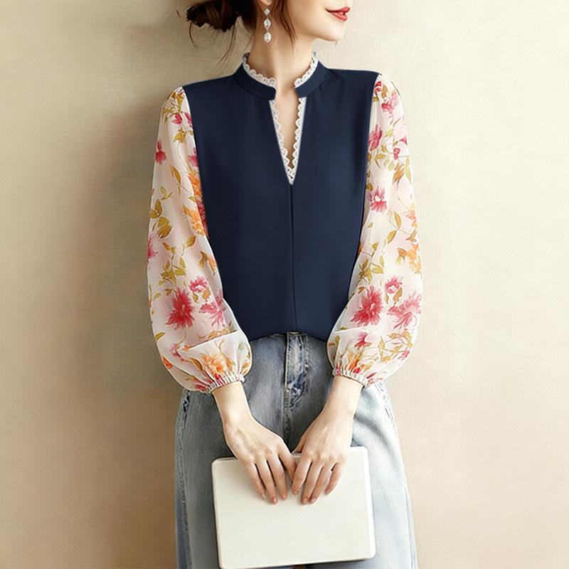 ZANZEA Women Casual V-Neck Floral Print Splice Long Sleeve Blouse