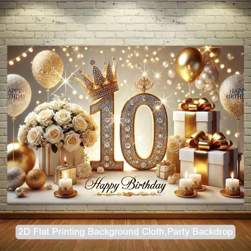 2D 10th Birthday Backdrop, Gold Glitter Banner for Party & Photo Booth