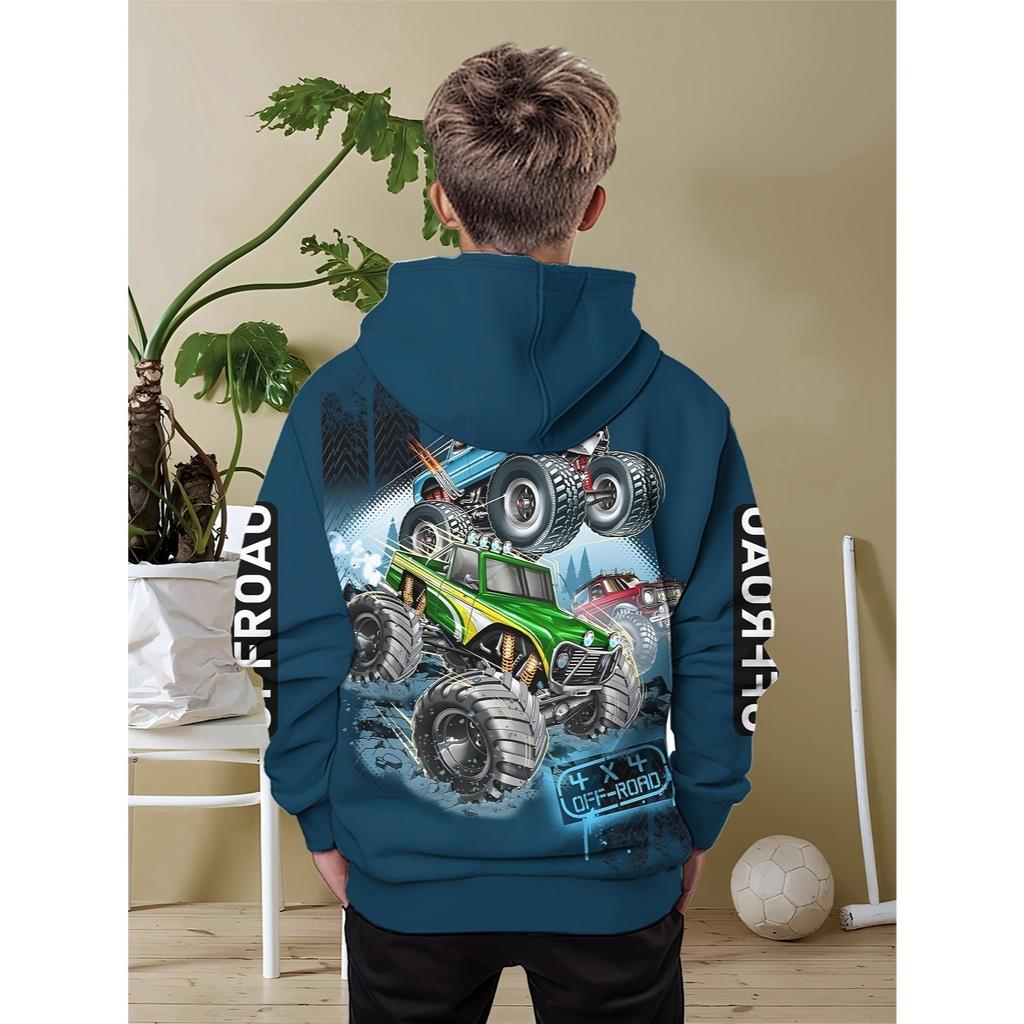 Big wheel truck 4x4 printed boys' simple hoodie - casual round neck long sleeved pullover, fashionable all season hoodie