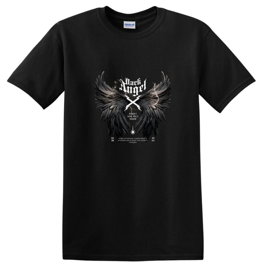 Black Angel Wings Graphic T Shirt with Lightning Design for Dark Aesthetic Tee L
