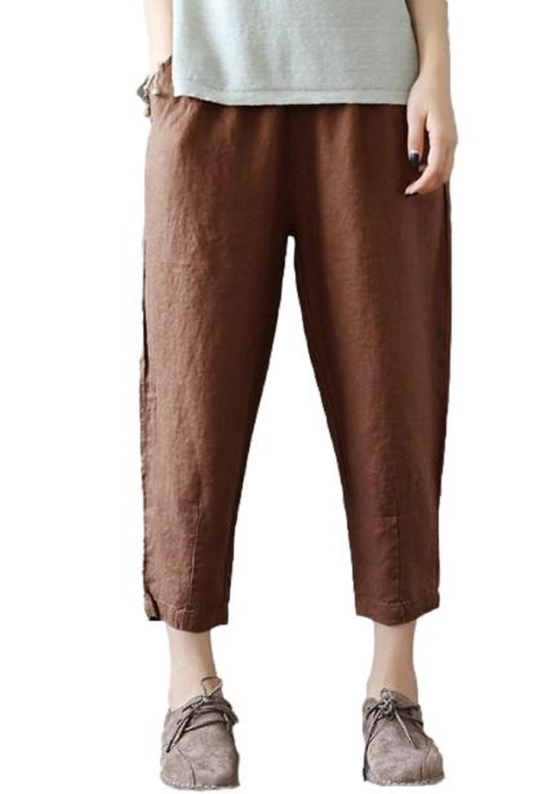 

jogger pants for loose elastic 6 [1/2style] Asian-inspired women, fit, waist, colors, M-XXL (Brown, L)
