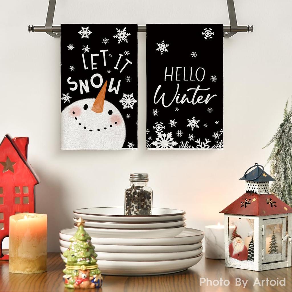 Artoid Mode Black Cute Snowman Hello Winter Kitchen Towels Dish Towels, 18x26 Inch Farmhouse Holiday Snowflake Decoration Cleaning Set of 4