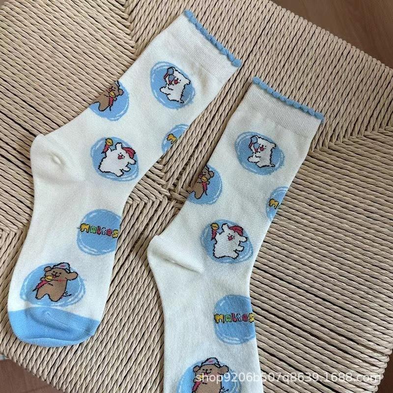 

[Three Pairs] Bubble Lace Socks Children S Summer Thin Hollow Mesh Japanese Cute Puppy Medium Tube Socks One size fits all