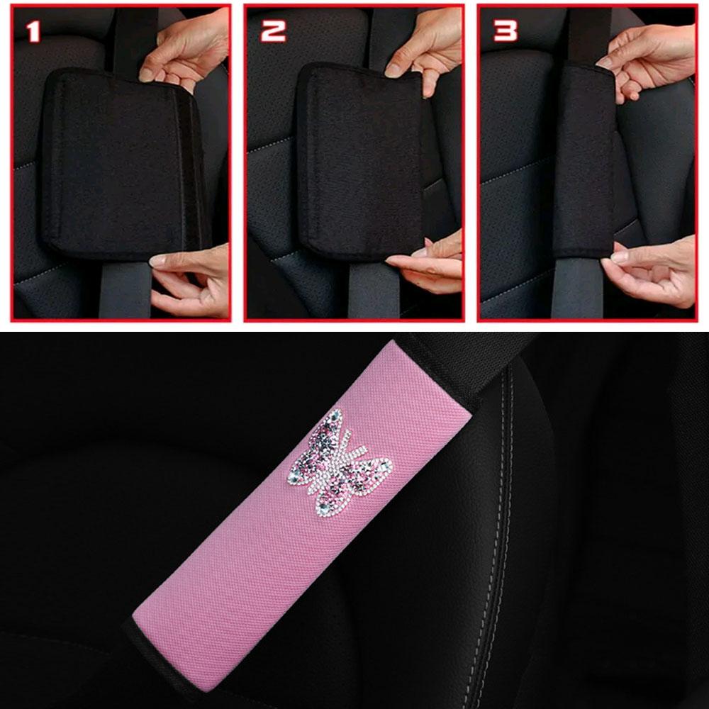 1Pc Fashion Diamond-studded Butterfly Styling Breathable Fabric Car Seat Shoulder Strap Cover Insurance Strap Cover Accessories
