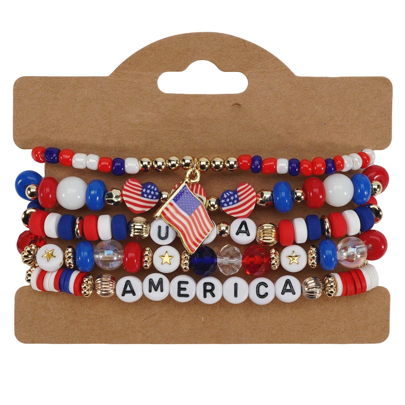 

Beaded Stretch Bracelet Set with Letter Beads and Flag Charms for Holiday Party and Everyday Wear Unisex Accessories One Size