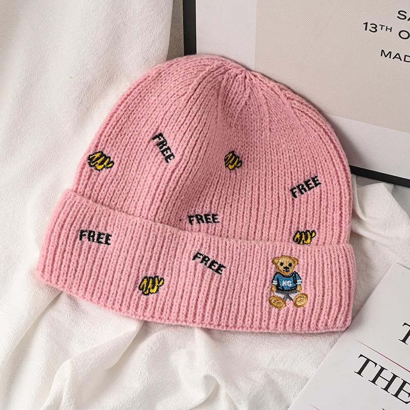 Hat Female Autumn and Winter Wool Hat Versatile Embroidered Letter Knitted Outdoor Riding Warm Cute Bear Pullover Hat