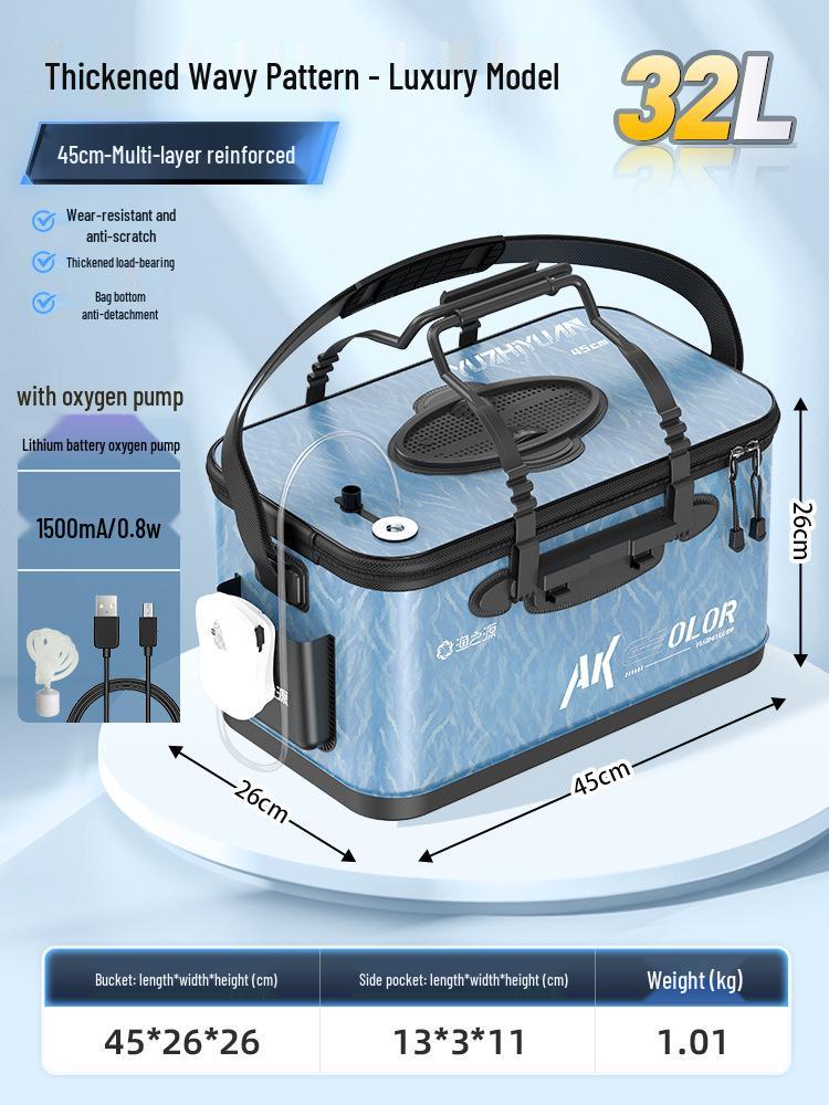 Pogrubione wiadro na żywe ryby z koszykiem na przynęty i ochraniaczem na ryby