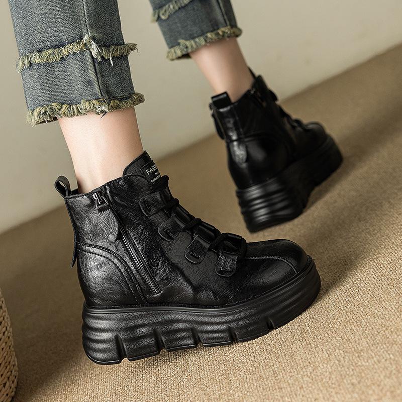 Autumn/Winter Thick-Soled Hidden Heel 8cm Side Zipper Versatile Women's Leather Martin Boots