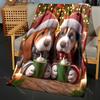 Christmas Theme Two Puppies Drinking Coffee Blanket Warm Soft Luxury Gift for Child Adults Suitable for Home Sofa Travel Camping