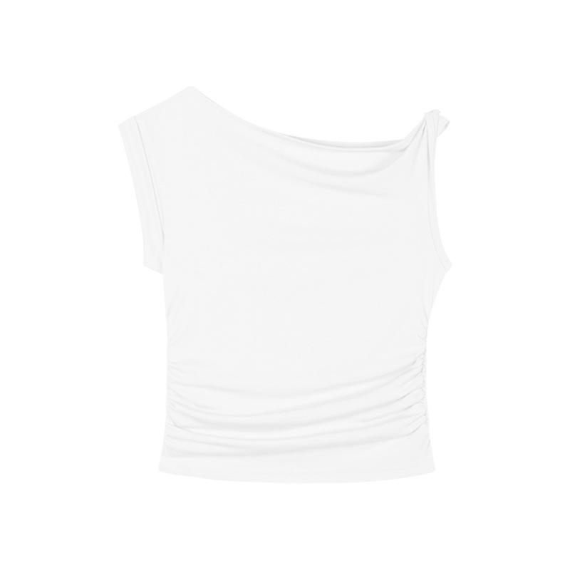 

Spice girl slanted shoulder short-sleeved t-shirt women s summer pure desire sexy irregular design wrinkled short top S белый