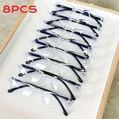 8pcs High-Definition Blue Light Blocking Reading Glasses - Rimless, Anti-Eyestrain, Glare Protection, +1.0 To +4.0