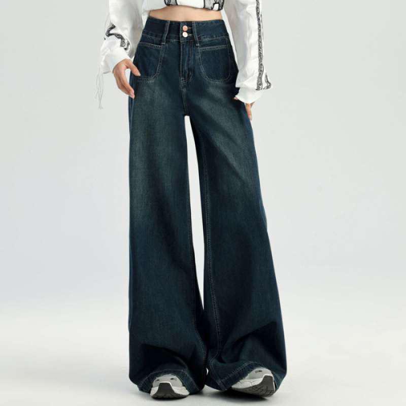 Women s Retro Blue High-Waisted Wide-Leg Jeans - Slimming Floor-Length Pants Extra Small