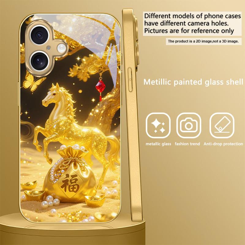 The Golden Lucky Horse For iPhone 17 Pro Max 16 16E 15 14 13 Plus 12 Mini 11 15Pro 17 Air XR X 17ProMax Golden Glass Phone Case