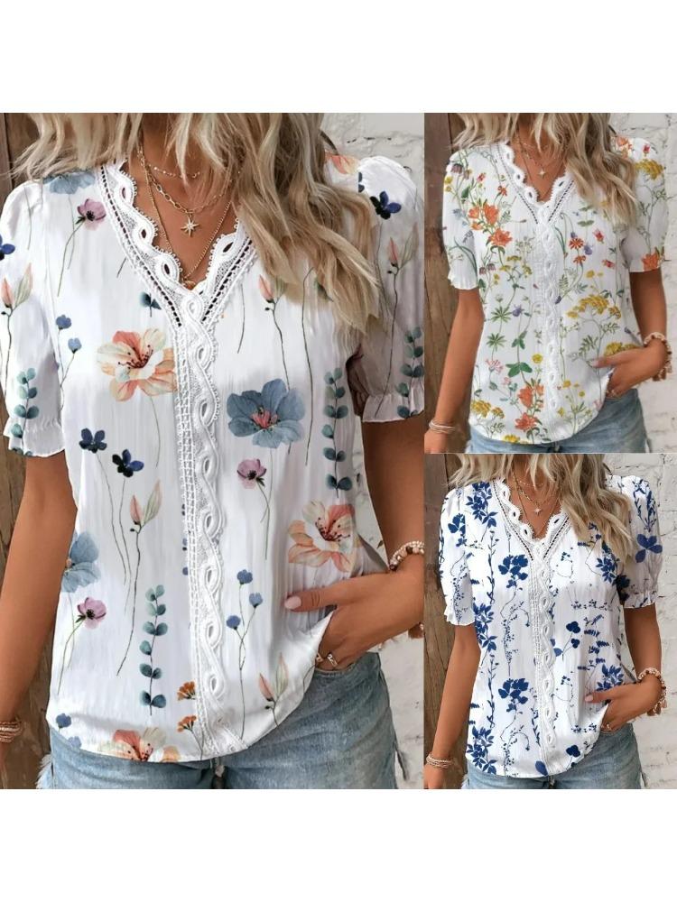 Elegant Blouse Printed Short Sleeve Shirts 2026 Summer Office LadyV Neck Lace Panel Shirt S-XXL