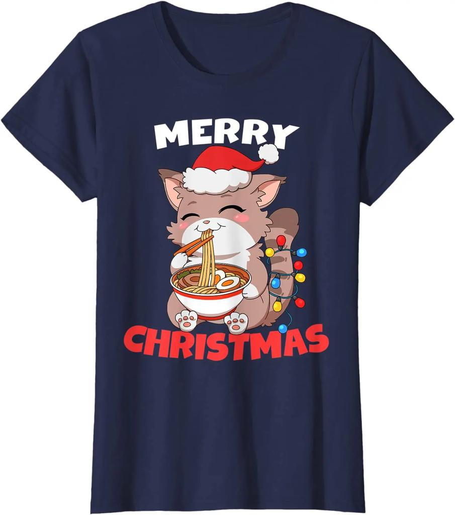 Frohe Weihnachten Anime Kawaii Katze Ramen Weihnachtsbeleuchtung T-Shirt