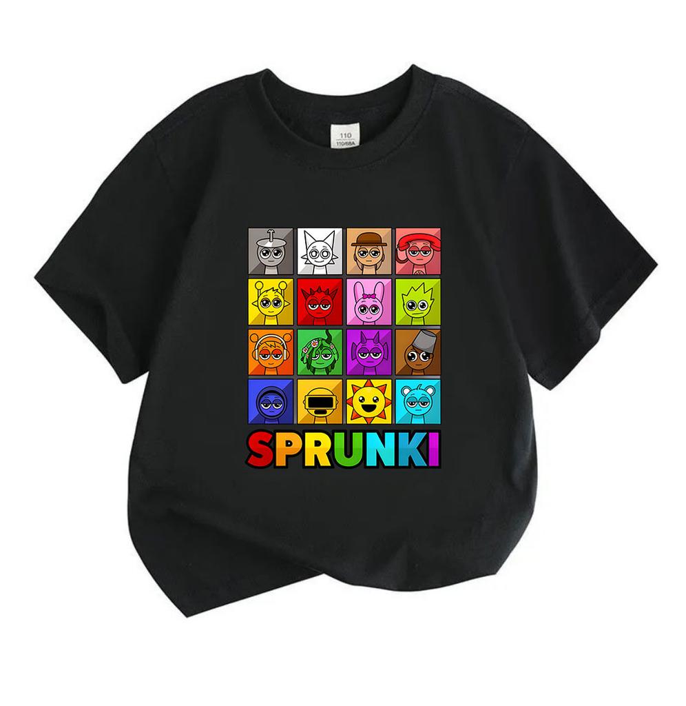 Kids Boys Girls 100% Cotton Short Sleeve O-Neck T-shirt Cute Sprunki Character Print Casual Soft Breathable Tee for Children Daily Wear Home School Gi