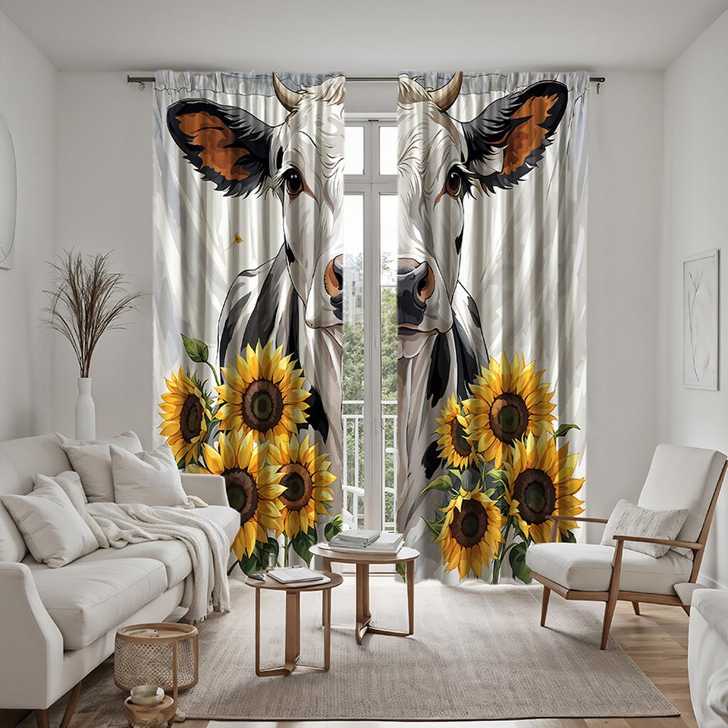 2 Pieces of HD Sunflower In the Cow Decorative Curtain White Tie Digital Printed Curtain Home Decoration Style Decoration Living