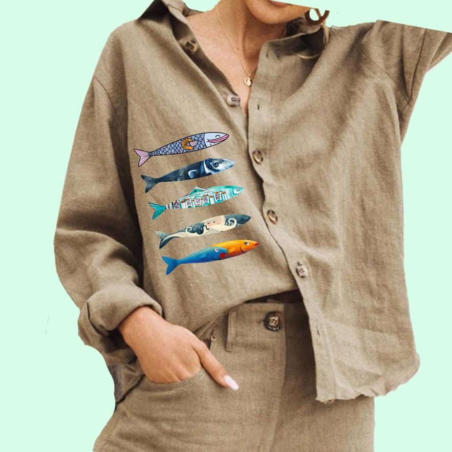 

Женская мода рубашка на пуговицах повседневный топ из хлопка и льна женская блузка с рыбным принтом 3XL хаки