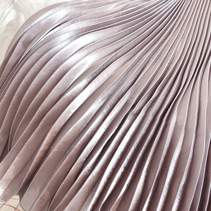 Women Reflective Bright Satin Long Skirt with Solid Color Pleated A-Line Skirts for Fall