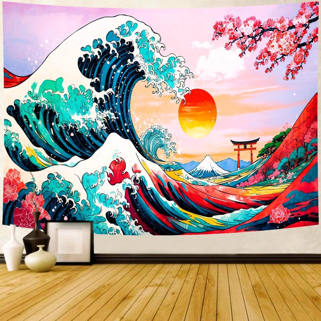 Delur Great Wave Tapestry Japanese Sunset Ocean Sea Wave Off Kanagawa Tapestry Wall Hanging Vintage Asian Anime Cherry Blossom Nature Headboard for