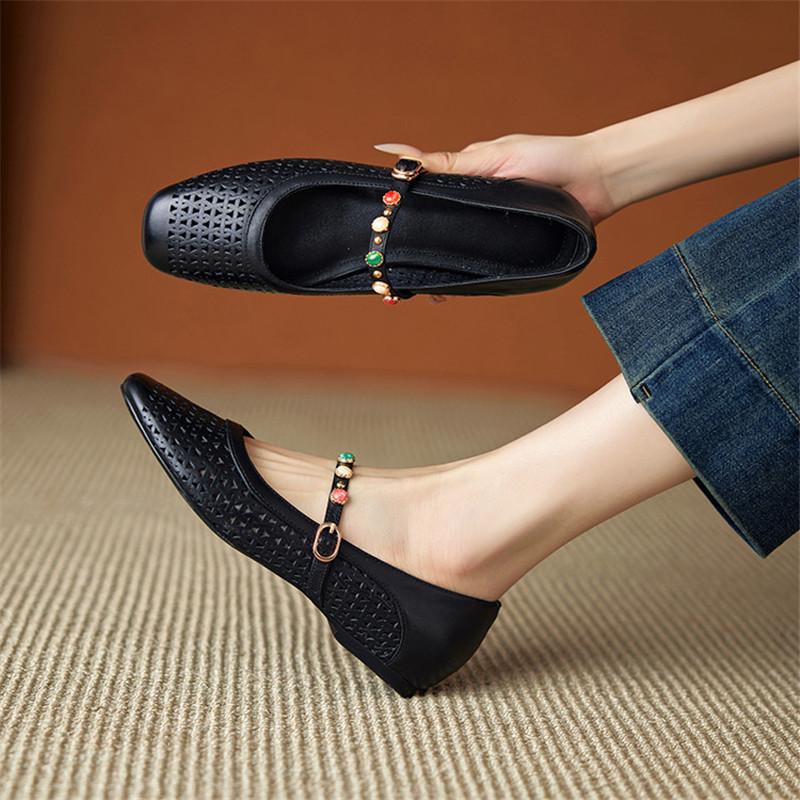 Fashion New Summer Cow Leather Woman Shoe Round Toe Women Pumps Shoes for Women Fashion Hollow Out Mary Jane Shoes Low Heel Flat Shoes