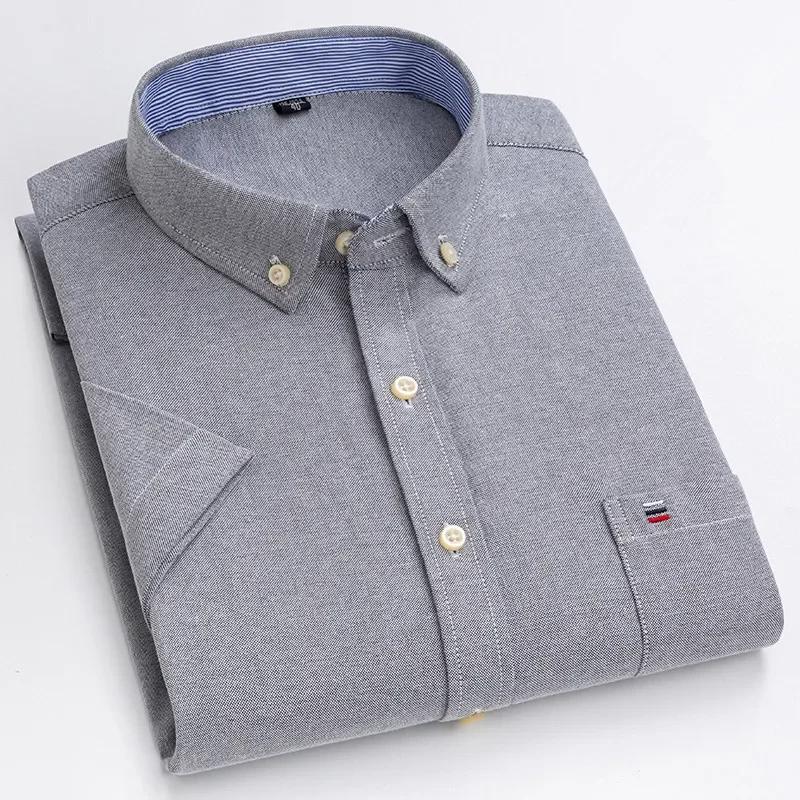 Cămașă bărbătească Oxford din bumbac de înaltă calitate, cu mânecă scurtă, pentru confort de vară, respirabilă, clasică, culoare uni, carouri, business, casual