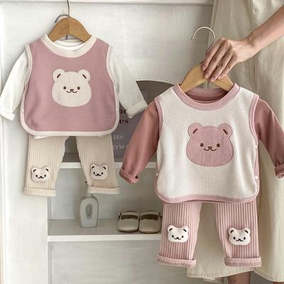 Autumn 2024 3-Piece Set: Baby Girl Bear Embroidered Vest, Solid Shirt, & Striped Leggings