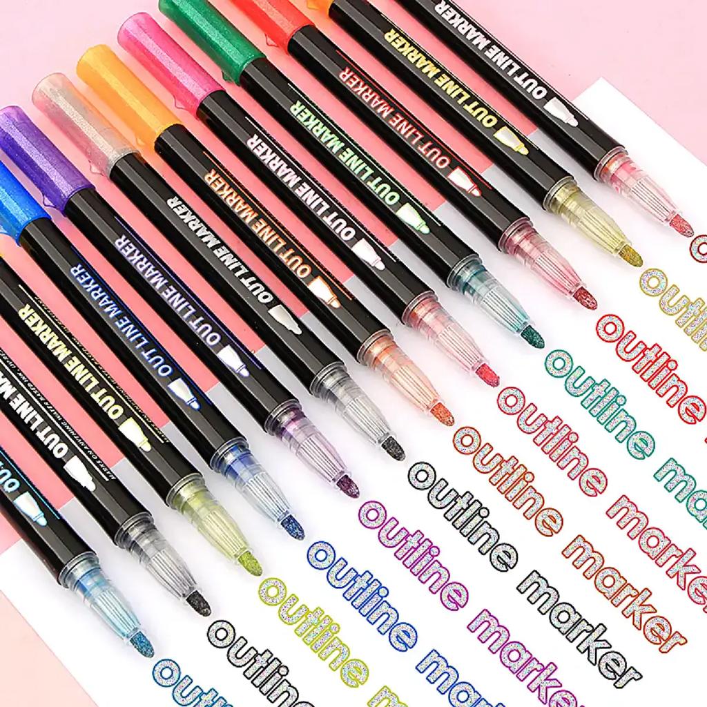 8/12/24/36/48 Colors double line outline Metallic Highlighter marker pens, Squiggles Double Line Pen, Magic Glitter Drawing Pens