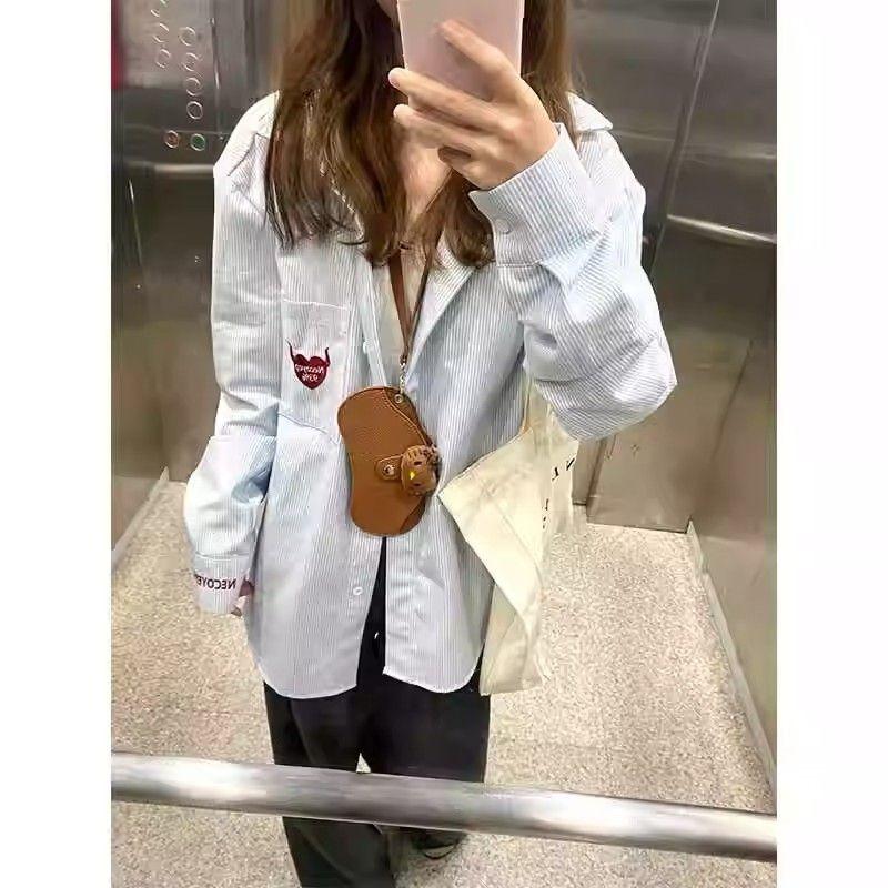 Korean Style Polo Collar Striped Shirt for Women Spring and Autumn Embroidered Jacket Top
