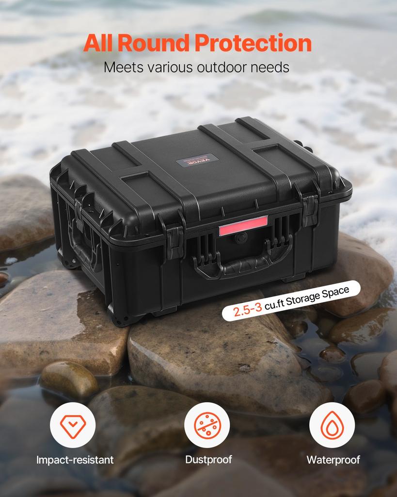 VEVOR 2.5 Cu.ft Weatherproof Hard Case, Waterproof Hard Case with Rolling Wheels and Retractable Pull Handle