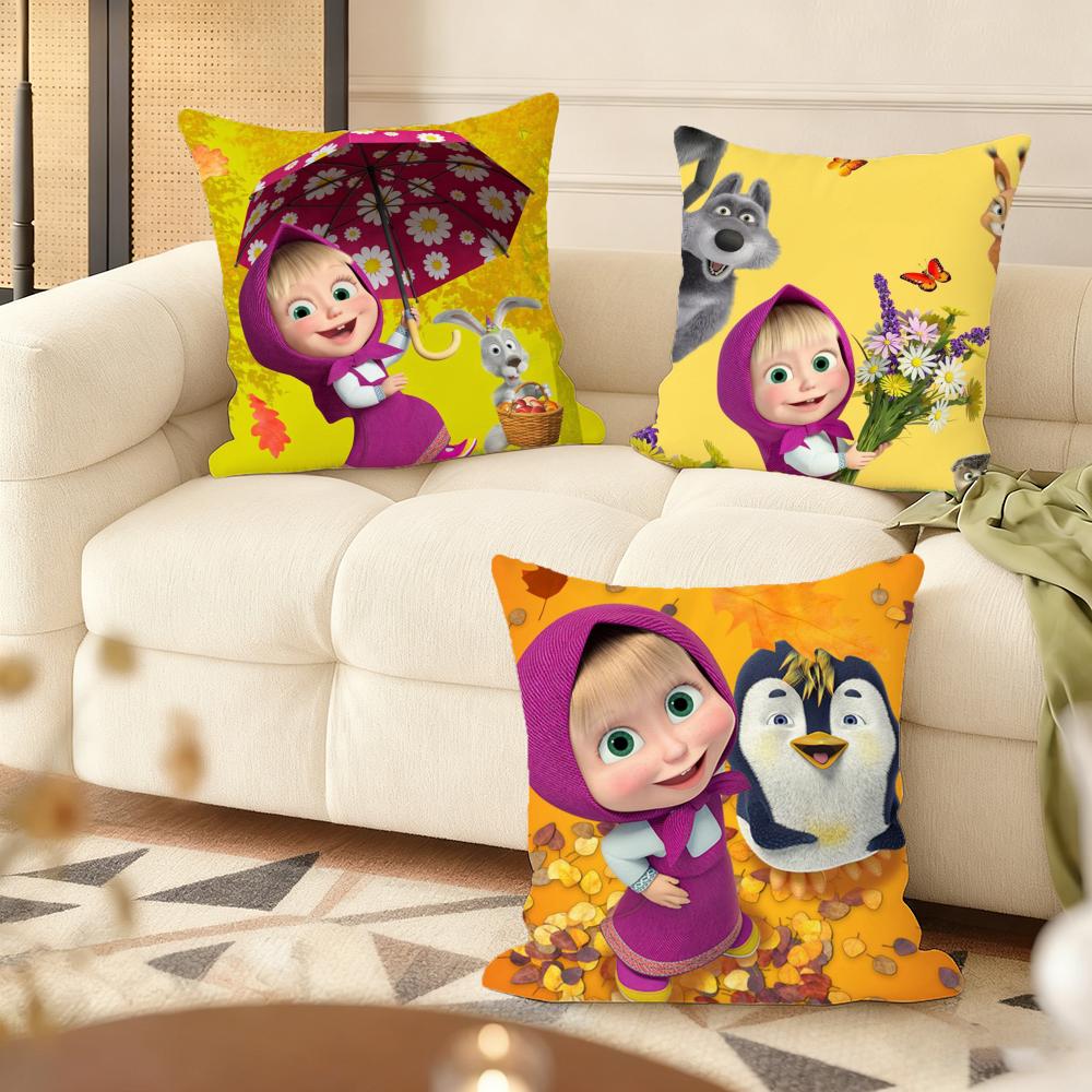M-Masha And B-Bears Cushion Cover Silky Short Plush Double-Sided Printed Pillow Case For Sofa All Seasons Home Decor Gift