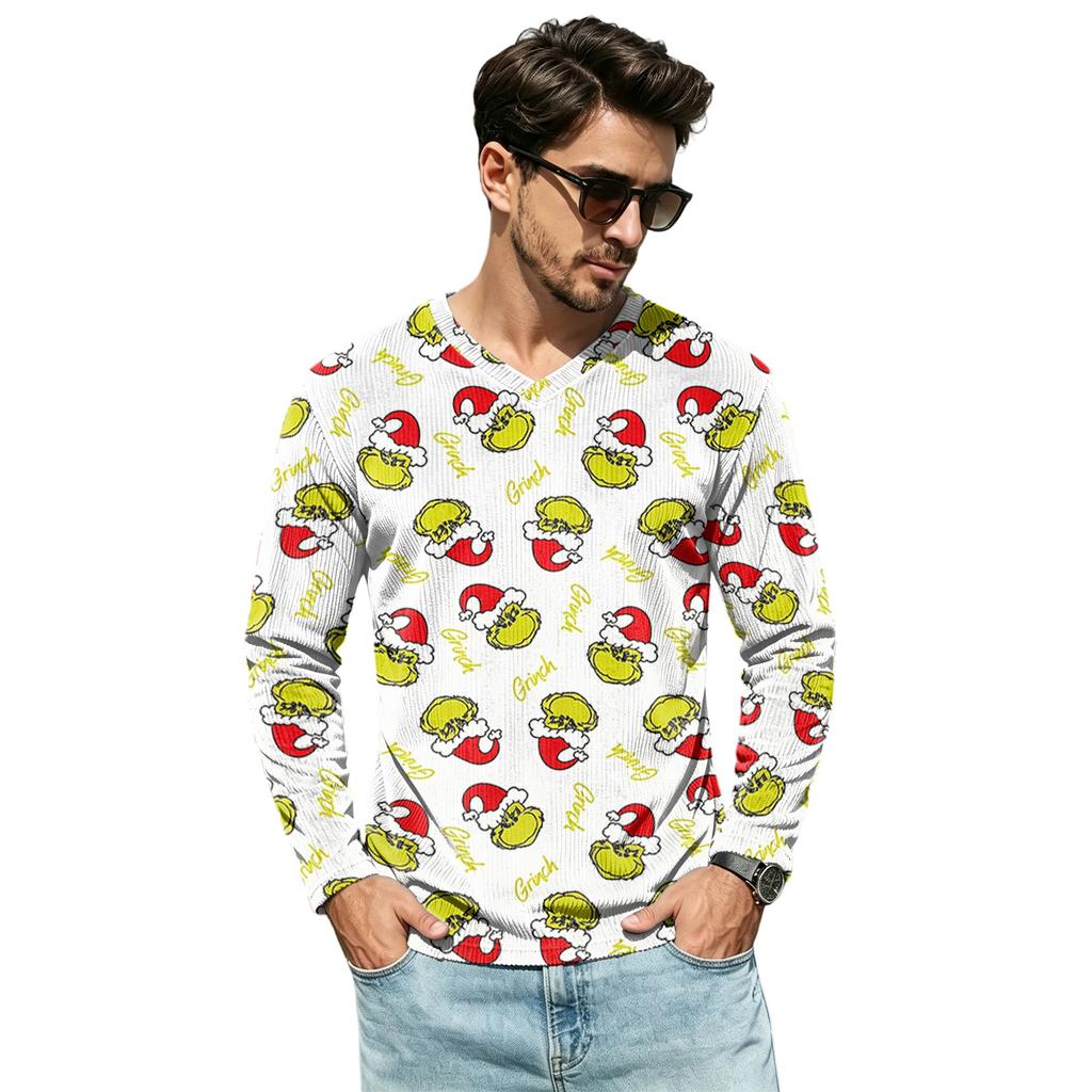 Men's Casual Christmas V-Neck T-Shirt Comfortable Loose Fit Street Printed Top