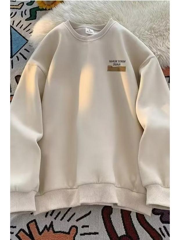 Men's Retro Heavyweight Crewneck Sweatshirt - Hong Kong Style, Plus Velvet, Loose Fit for Autumn/Winter