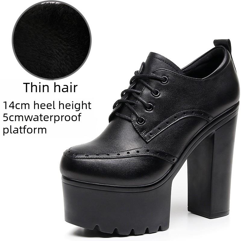 Brogue Damenschnürschuhe im britischen Stil aus Leder mit klobigen Absätzen, High Heels, wasserdichter Plateau-Sohle, runder Spitze, tiefem Ausschnitt