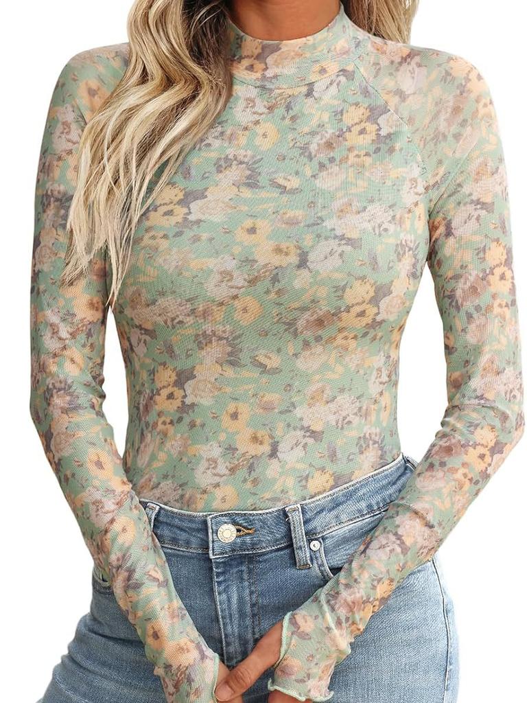 Turtleneck Long Sleeve Lace Floral Mesh Undershirt Top Women's