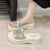 Summer new casual and comfortable thick-bottomed rhinestone slippers women's outer wear temperament round head flat bottom cool slippers