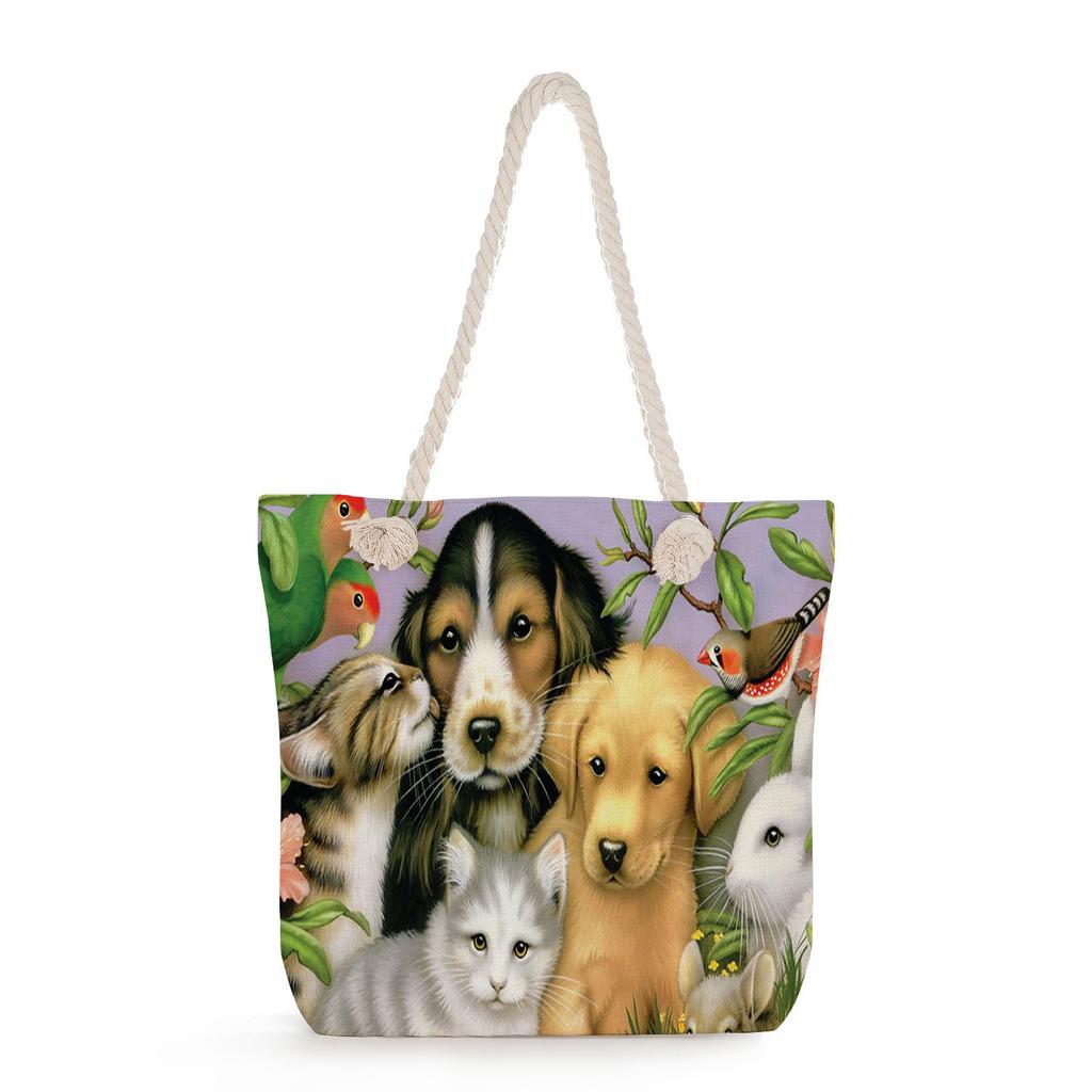 Flower Cat Print Thick Rope Single-shoulder Beach Bag 7269 CLE