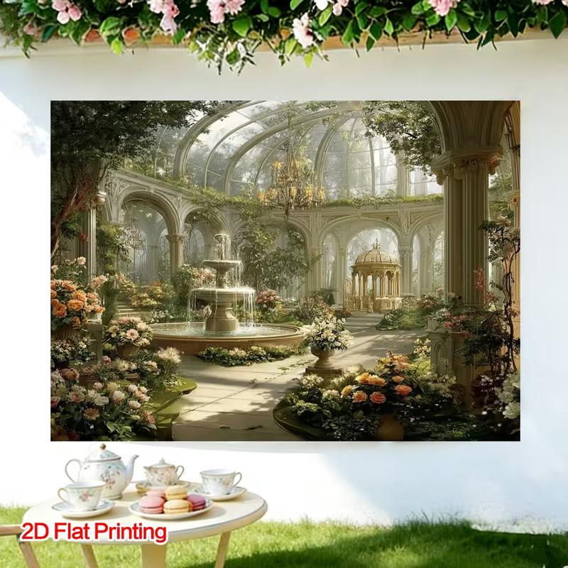 2D Greenhouse Fountain Backdrop Elegant Garden Photo Studio Background