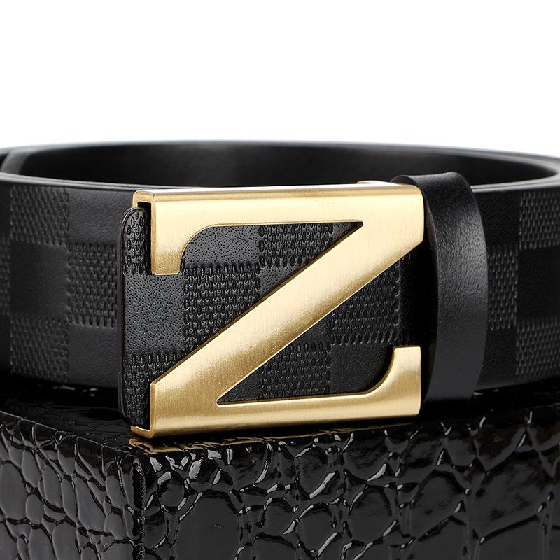 Men's Youth Plaid Leather Belt with Z Copper Buckle - Genuine Cowhide, Easy to Wear