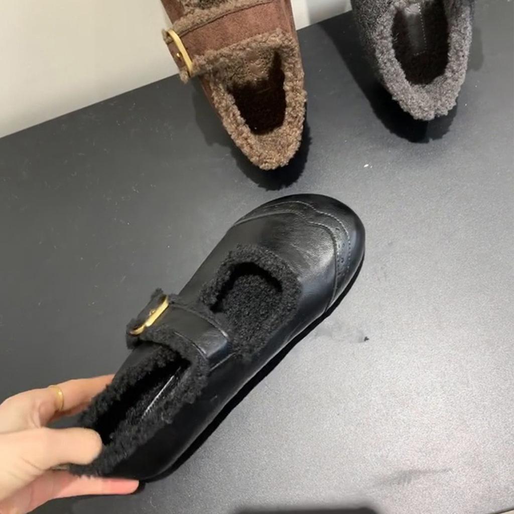 Retro Fluffy Shoes Fleece Warm Mary Jane Shoes Women's One-word Buckle with Shallow Mouth Round Head Flat-soled Single Shoes