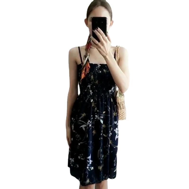 Dámský špagetový pásek s vysokým pasem, mini květinové šaty s potiskem letní plisované dámské šaty bez ramínek
