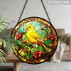 2D Flat Stained Glass Canary Bird Window Decoration, 7.87inches Yellow Bird Red Fruits Design Colored Glass Plate with Chain, Charming Spring Summer