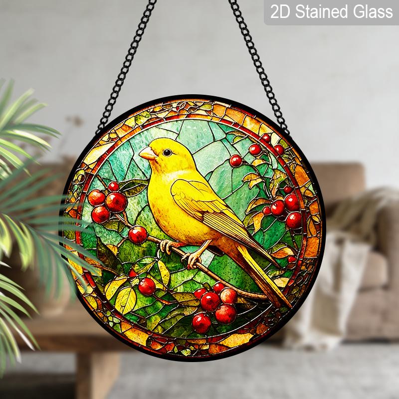 2D Flat Stained Glass Canary Bird Window Decoration, 7.87inches Yellow Bird Red Fruits Design Colored Glass Plate with Chain, Charming Spring Summer