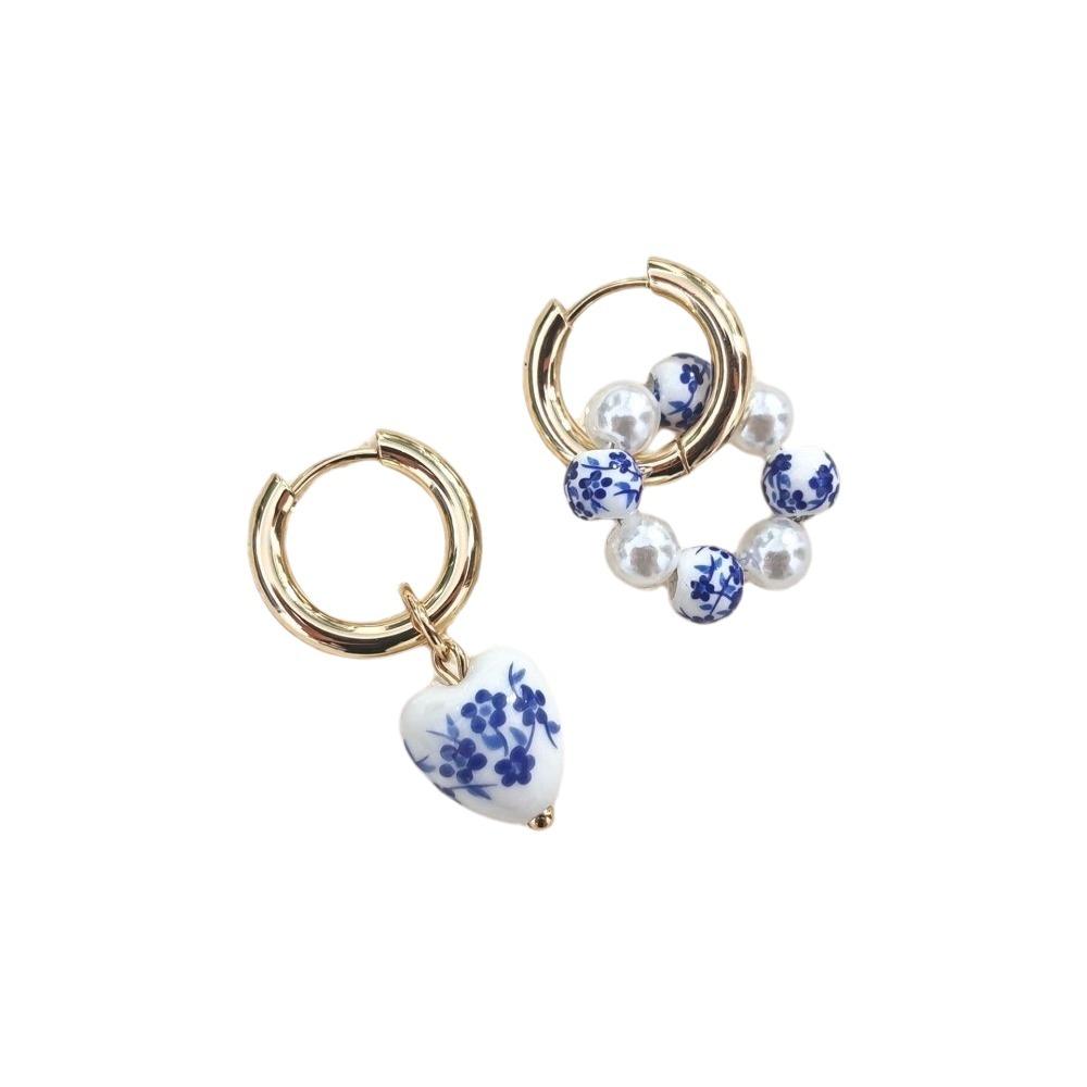 Ear Buckle Ceramic Pendant Earrings Blue White Color Heart Earrings Delicate Ear Buckle Gift