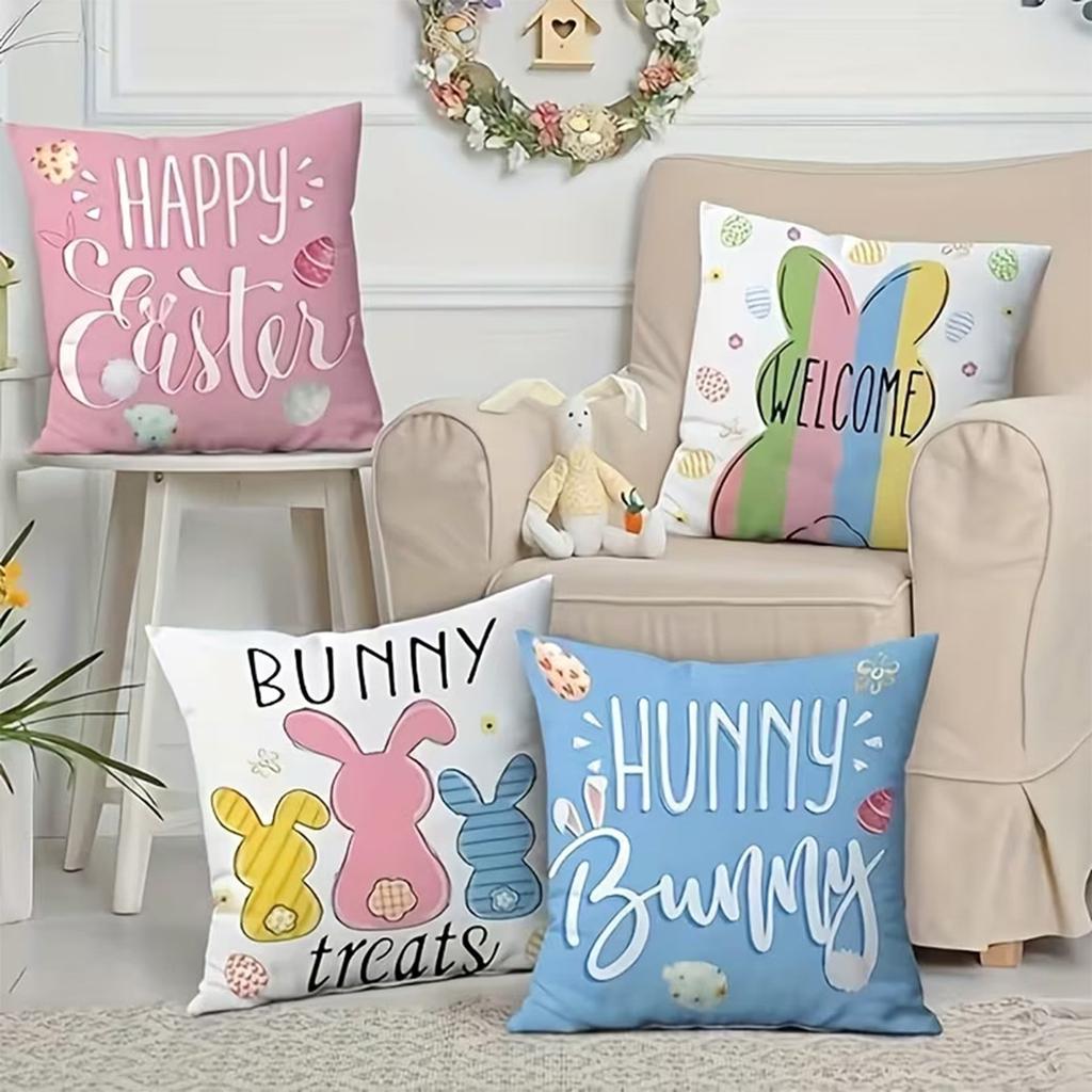Easter Short Plush Printed Pillow Cover With Bunny And Carrot Sofa Decoration