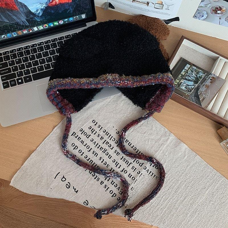2025 new mixed color strap bear ears plush hat women's winter warm ear protection knitted wool hat pullover hat