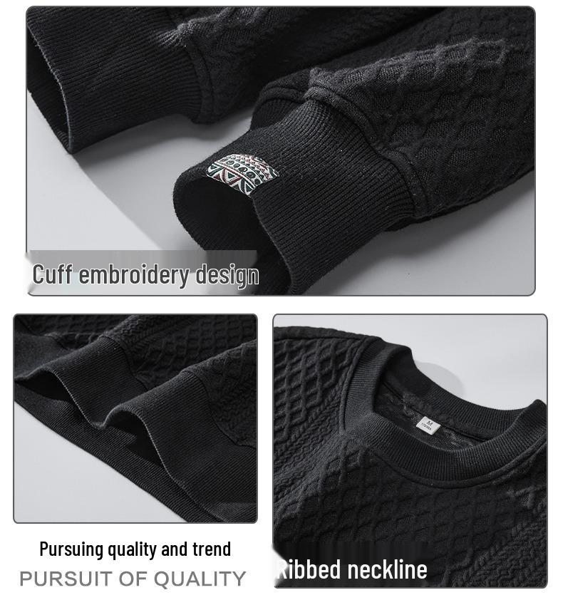 Herrhöst/Vinter Svart Jacquard Rundhalsad Huvtröja med Sammetfoder