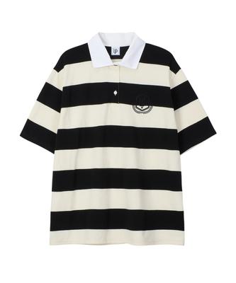 UNKNOWN PLANET Striped Rugby Collared Short Sleeve Shirt Black