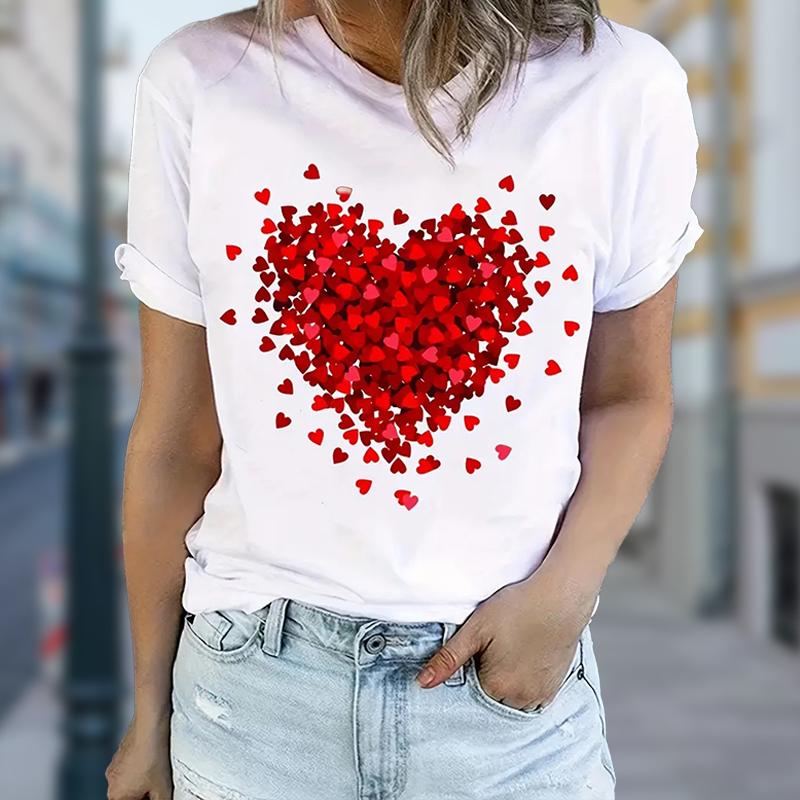 Women Summer T Shirt  Print Red Love Short Sleeve Tees Casual   Printed  Tops